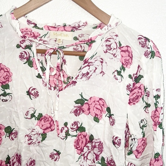 ModCloth Pink And White Rayon 3/4 Sleeve Floral Swiss Dot Tie Neck Blouse - Picture 2 of 8